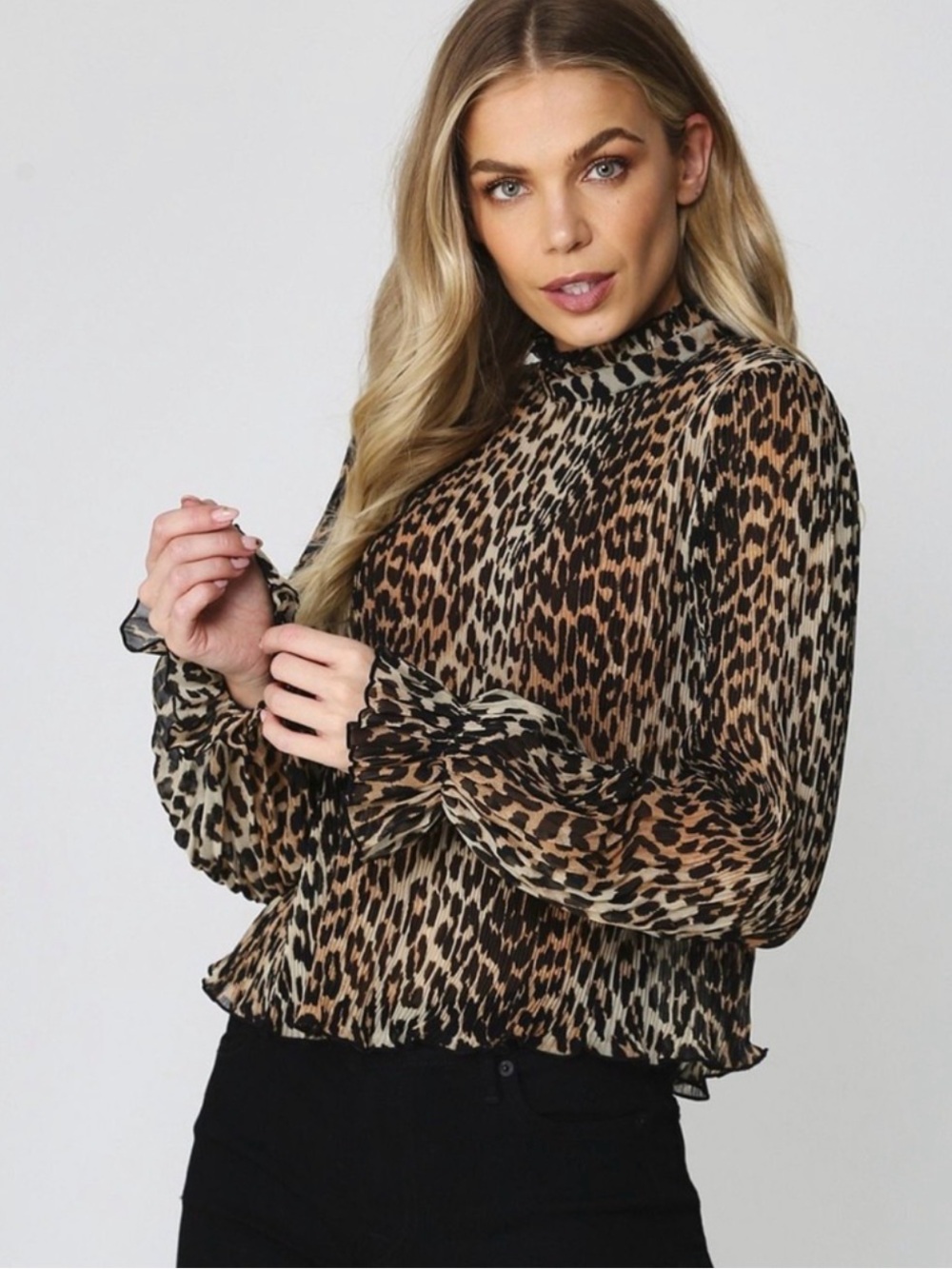 Ganni Leopard Print Ruffled Long Sleeve Blouse